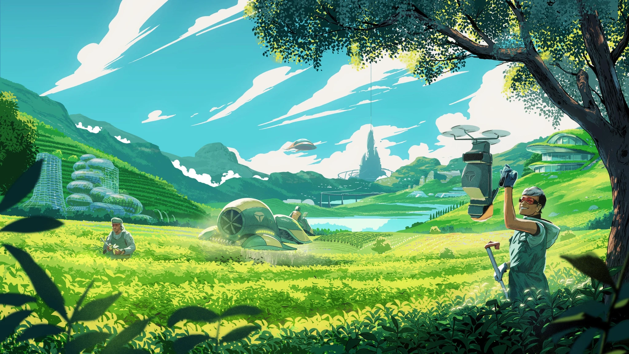 Artistic digital illustration depicting a lush, futuristic agricultural scene with advanced technology and drones.