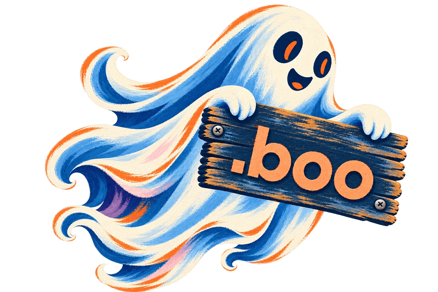 A hovering ghost holding a wooden .boo sign